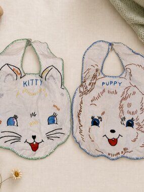 Vintage Kitty & Puppy Embroidered Baby Bibs Set Handmade Animal Face